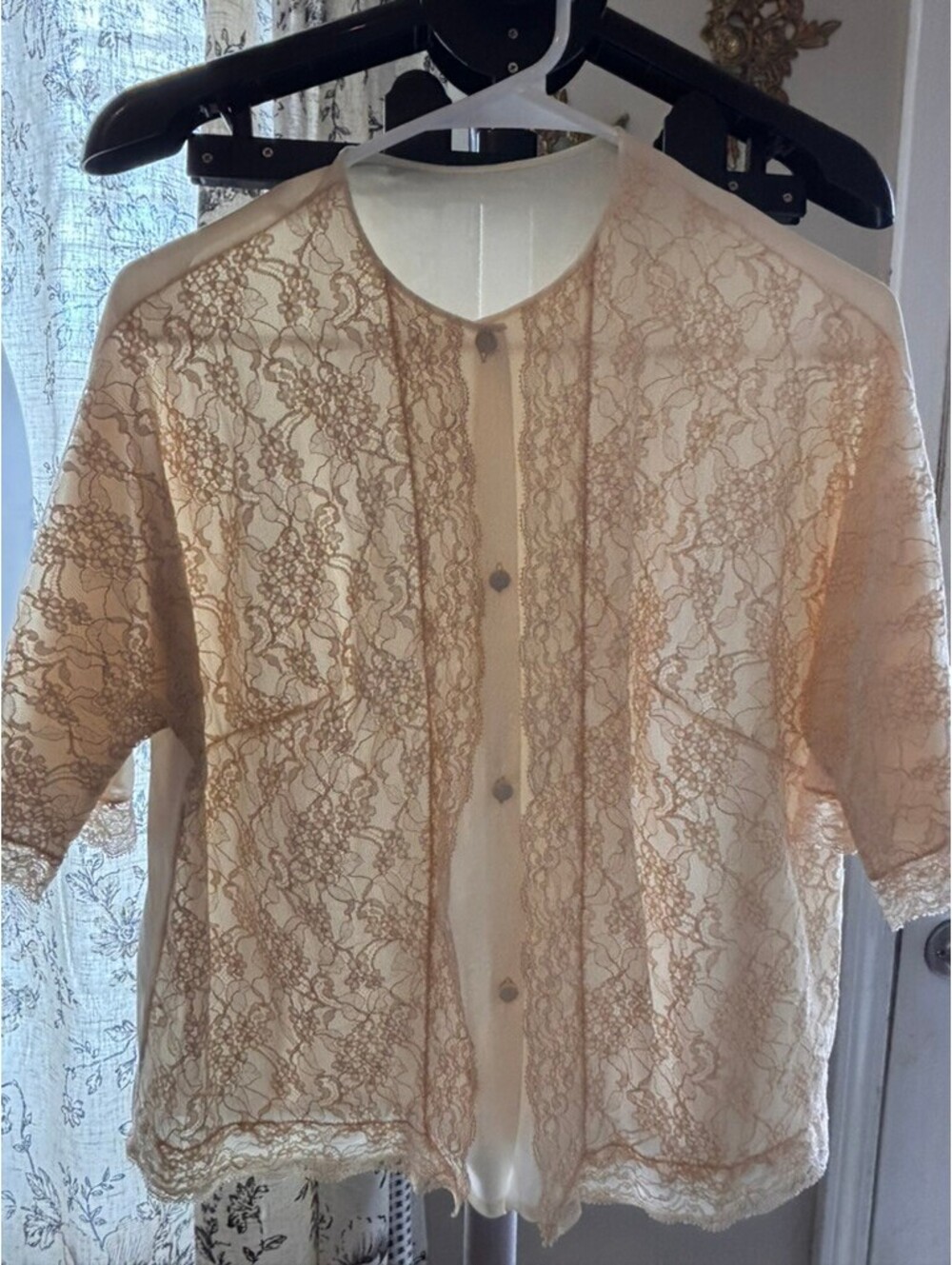 Vintage Sheer Cream Lace Blouse | 1960s Floral Lace Button Front Top
